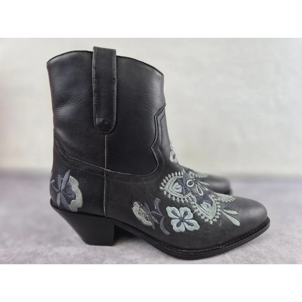 Cains Ville Womens Black Leather Embroidered Western Ankle Boots 9M 29625